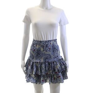 Isabel Marant Etoile Womens Smocked Floral Motif Tiered Skirt Blue Cotton FR 34